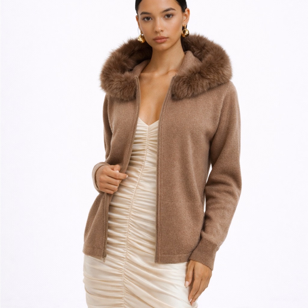 St. John 100% Cashmere Real Fox Fur Trim Knit Sweater Arctic Fox Fur
